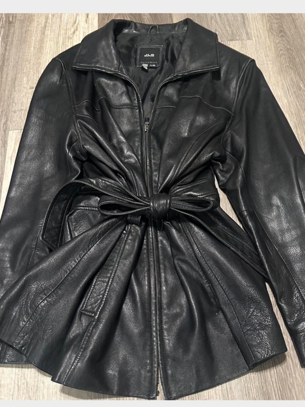 Women's Black Leather Tie-Waist Jacket